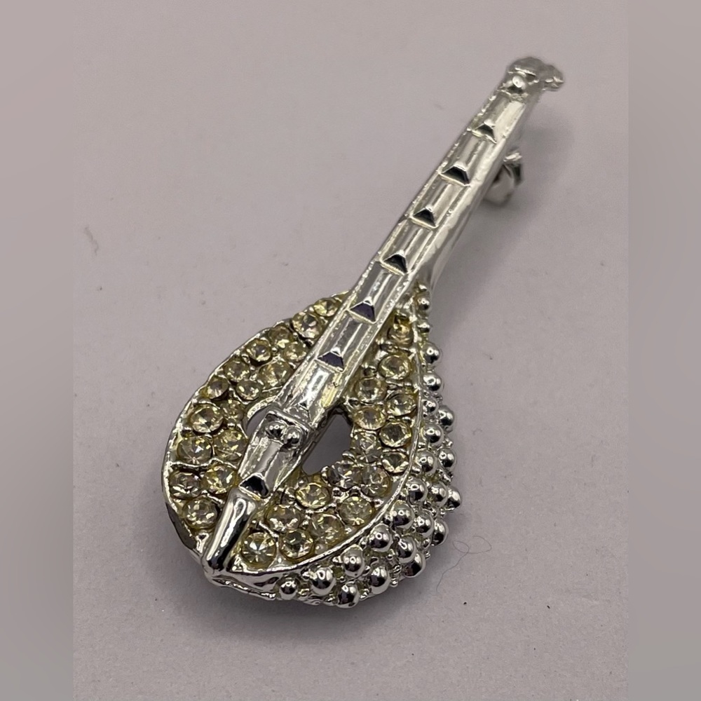 3 for $30 Vintage Silver Tone Mandolin Brooch Clear Faceted Crystal Brooch Pin